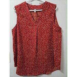 Quezhu Women's Red Floral Pleated Sleeveless Blouse, Large